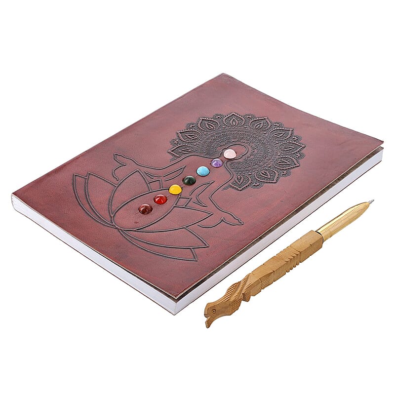 Meditation Pose Embossed Seven Chakra Gemstone Leather Diary and Carved Wooden Pen - Maroon