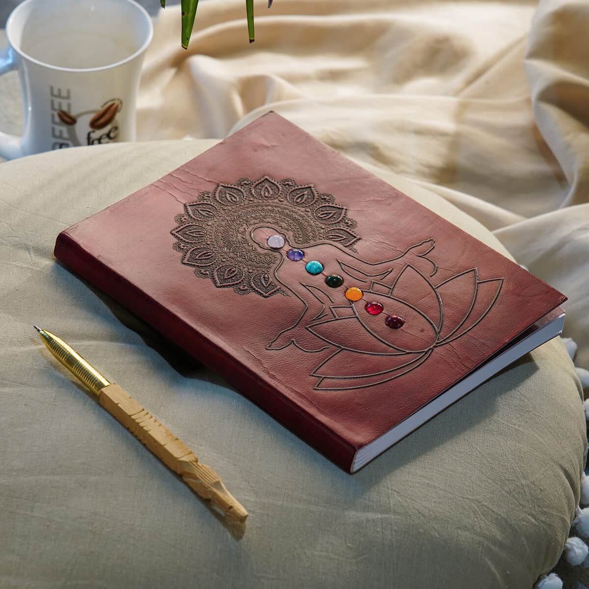 Meditation Pose Embossed Seven Chakra Gemstone Leather Diary and Carved Wooden Pen - Maroon image number 1