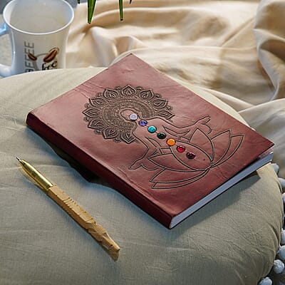 Meditation Pose Embossed Seven Chakra Gemstone Leather Diary and Carved Wooden Pen - Maroon