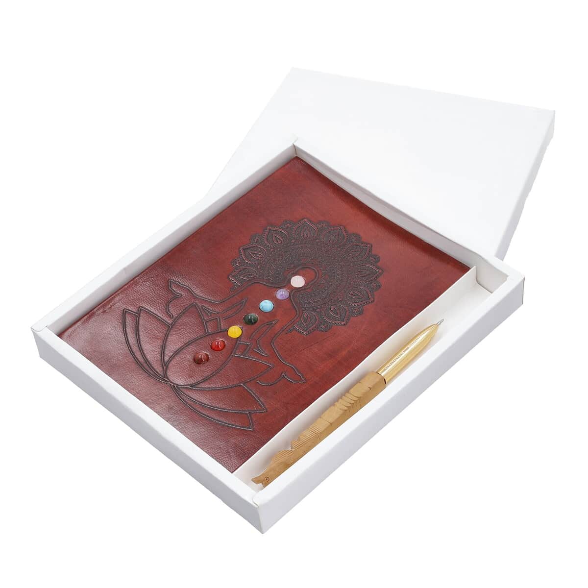 Meditation Pose Embossed Seven Chakra Gemstone Leather Diary and Carved Wooden Pen - Maroon image number 2