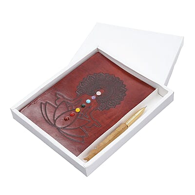 Meditation Pose Embossed Seven Chakra Gemstone Leather Diary and Carved Wooden Pen - Maroon