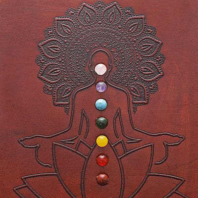 Meditation Pose Embossed Seven Chakra Gemstone Leather Diary and Carved Wooden Pen - Maroon