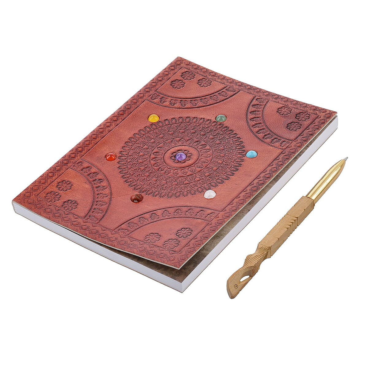 Mandala Embossed Seven Chakra Gemstone Leather Diary and Carved Wooden Pen - Tan image number 0
