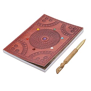 Mandala Embossed Seven Chakra Gemstone Leather Diary and Carved Wooden Pen - Tan