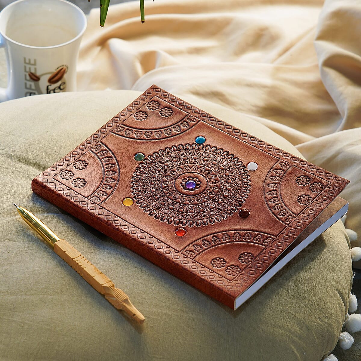 Mandala Embossed Seven Chakra Gemstone Leather Diary and Carved Wooden Pen - Tan image number 1