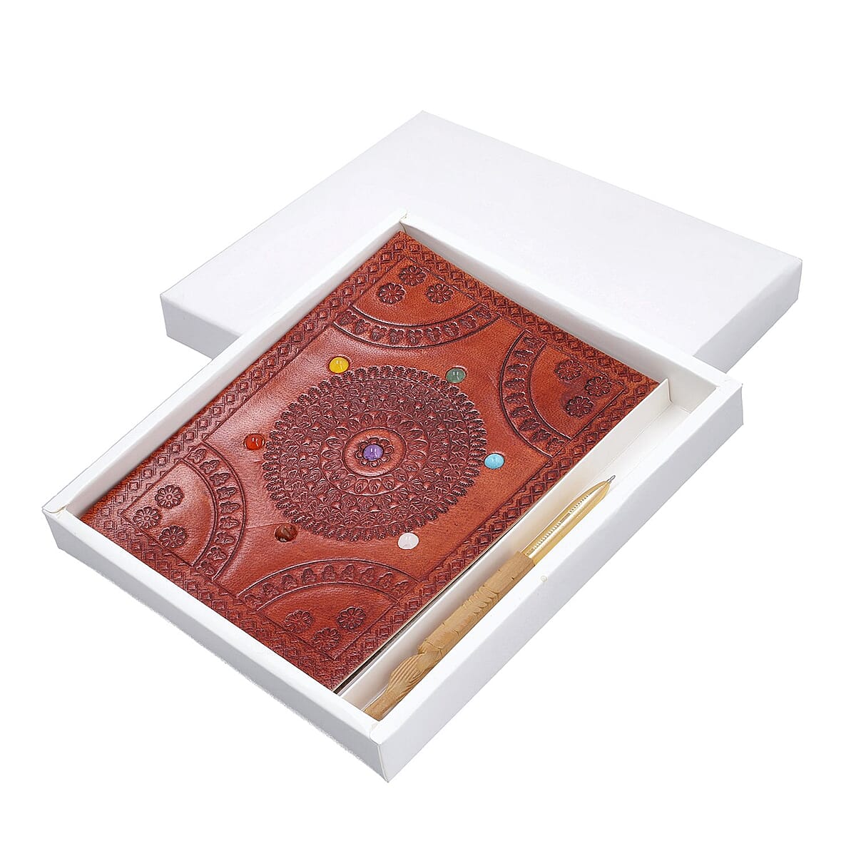 Mandala Embossed Seven Chakra Gemstone Leather Diary and Carved Wooden Pen - Tan image number 2