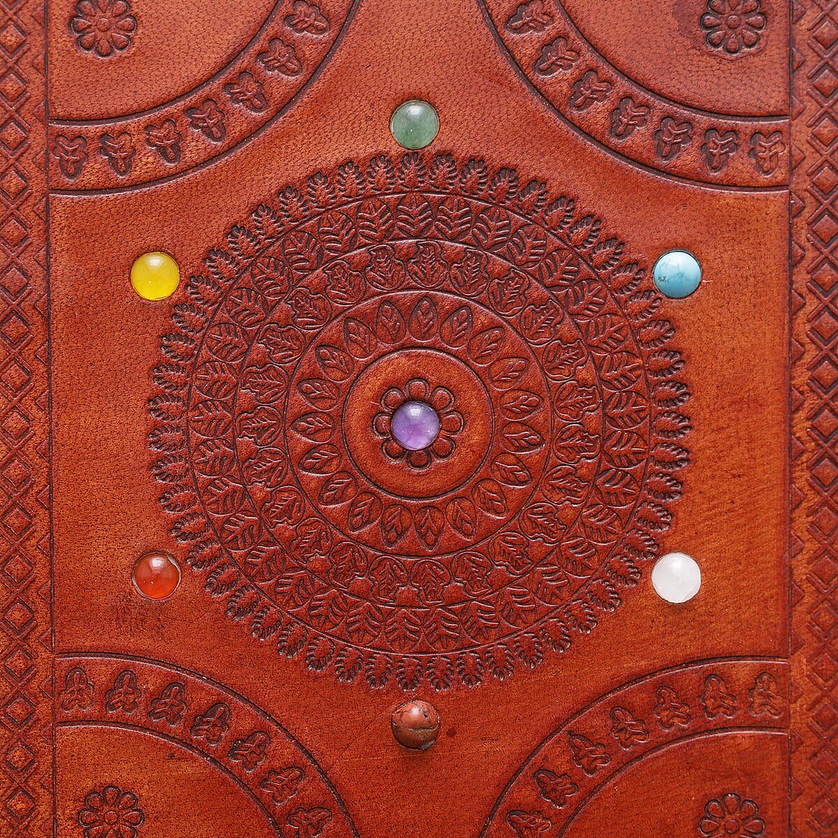Mandala Embossed Seven Chakra Gemstone Leather Diary and Carved Wooden Pen - Tan image number 5