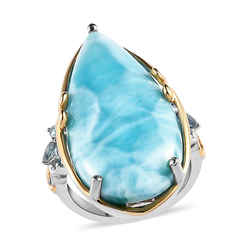 Larimar and Multi Gemstone Ring in Vermeil Yellow Gold and Platinum Over Sterling Silver (Size 10.0) 7.15 Grams 23.75 ctw