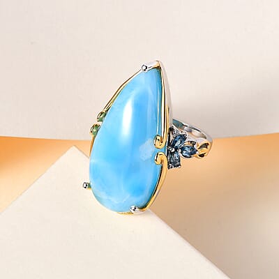 Larimar and Multi Gemstone Ring in Vermeil Yellow Gold and Platinum Over Sterling Silver (Size 10.0) 7.15 Grams 23.75 ctw
