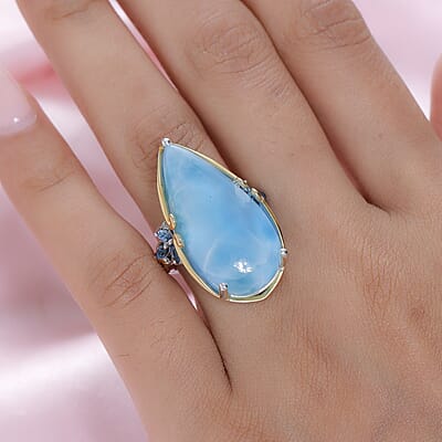 Larimar and Multi Gemstone Ring in Vermeil Yellow Gold and Platinum Over Sterling Silver (Size 10.0) 7.15 Grams 23.75 ctw