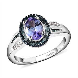 Peacock Tanzanite, Blue and White Diamond Halo Ring in Platinum Over Sterling Silver (Size 10.0) 1.40 ctw