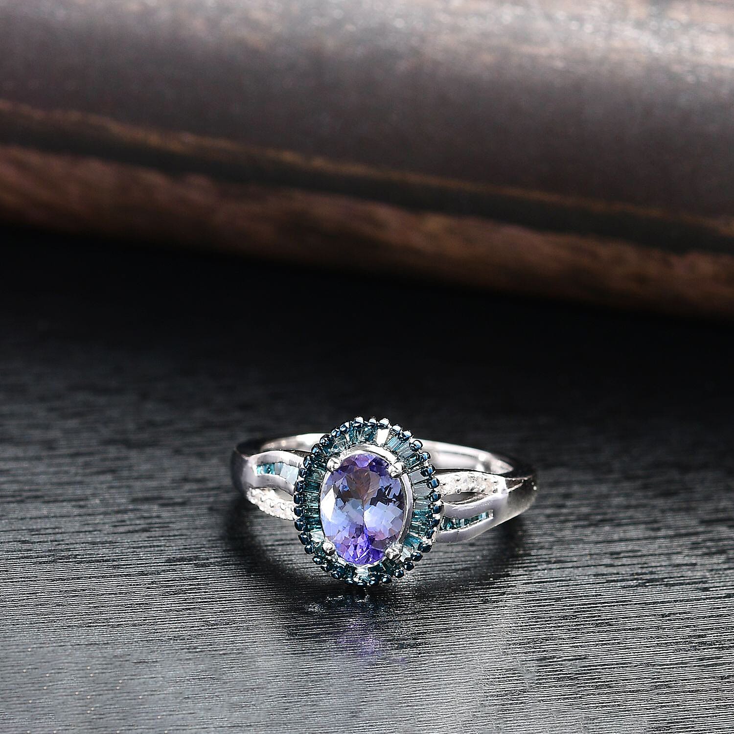 Peacock Tanzanite, Blue and White Diamond Halo Ring in Platinum Over Sterling Silver (Size 10.0) 1.40 ctw