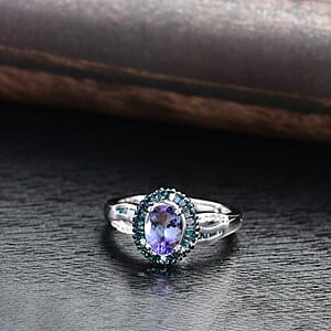 Peacock Tanzanite, Blue and White Diamond Halo Ring in Platinum Over Sterling Silver (Size 10.0) 1.40 ctw