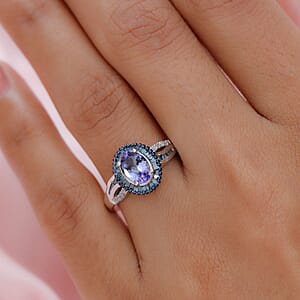 Peacock Tanzanite, Blue and White Diamond Halo Ring in Platinum Over Sterling Silver (Size 10.0) 1.40 ctw