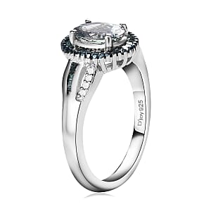 Peacock Tanzanite, Blue and White Diamond Halo Ring in Platinum Over Sterling Silver (Size 10.0) 1.40 ctw