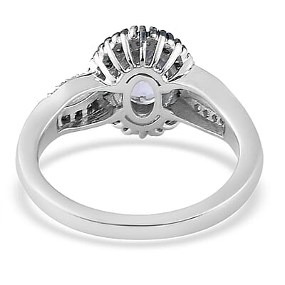 Peacock Tanzanite, Blue and White Diamond Halo Ring in Platinum Over Sterling Silver (Size 10.0) 1.40 ctw