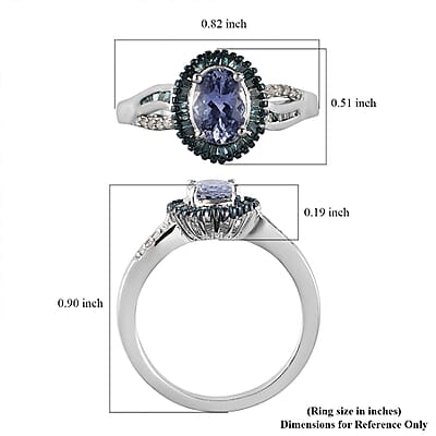 Peacock Tanzanite, Blue and White Diamond Halo Ring in Platinum Over Sterling Silver (Size 10.0) 1.40 ctw