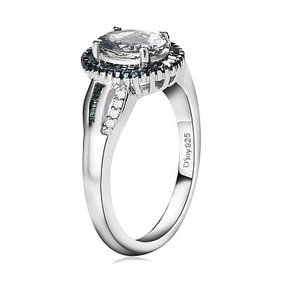 Peacock Tanzanite, Blue and White Diamond Halo Ring in Platinum Over Sterling Silver (Size 6.0) 1.40 ctw