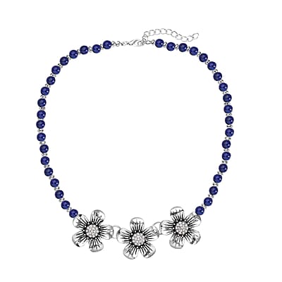 Lapis Lazuli and Austrian Crystal, Resin Floral Necklace 18-20 Inches in Silvertone 57.50 ctw