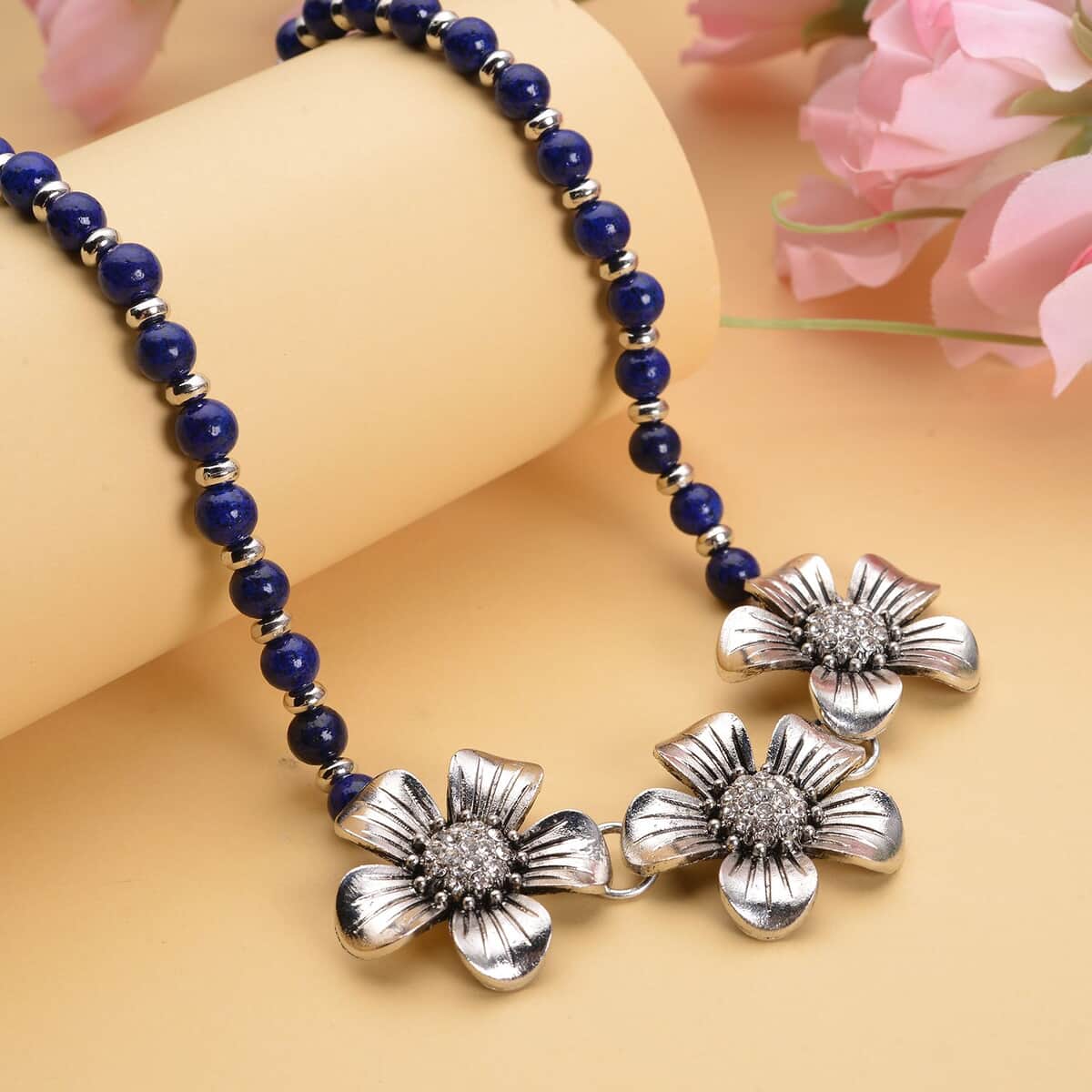 Lapis Lazuli and Austrian Crystal, Resin Floral Necklace 18-20 Inches in Silvertone 57.50 ctw image number 1