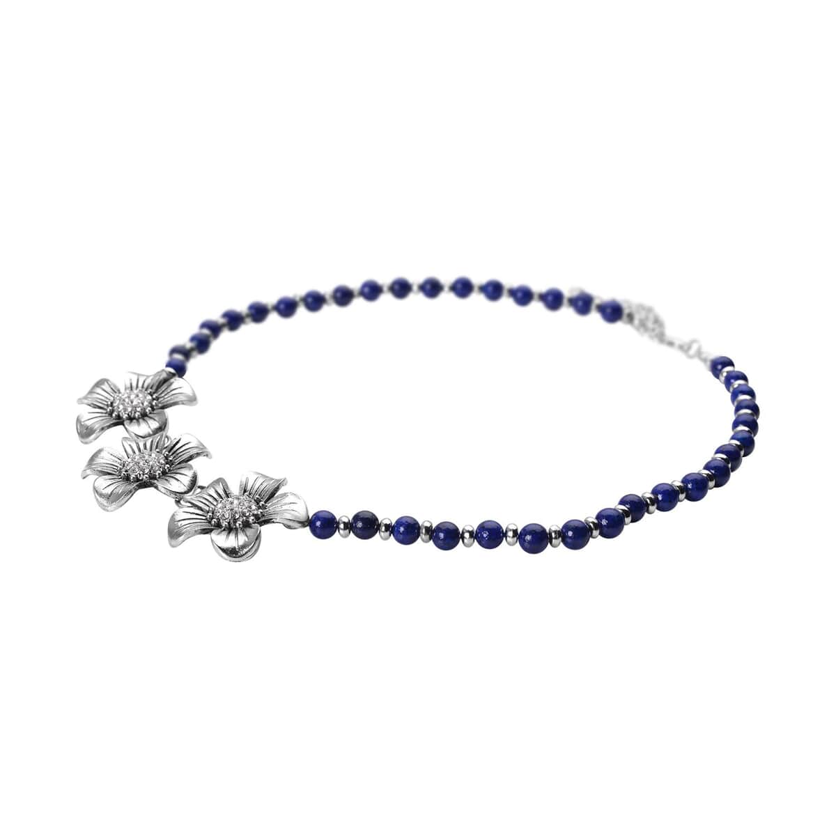 Lapis Lazuli and Austrian Crystal, Resin Floral Necklace 18-20 Inches in Silvertone 57.50 ctw image number 2