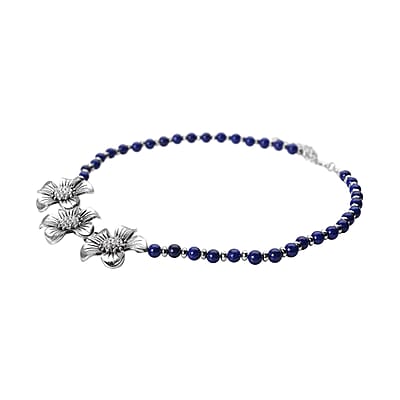 Lapis Lazuli and Austrian Crystal, Resin Floral Necklace 18-20 Inches in Silvertone 57.50 ctw