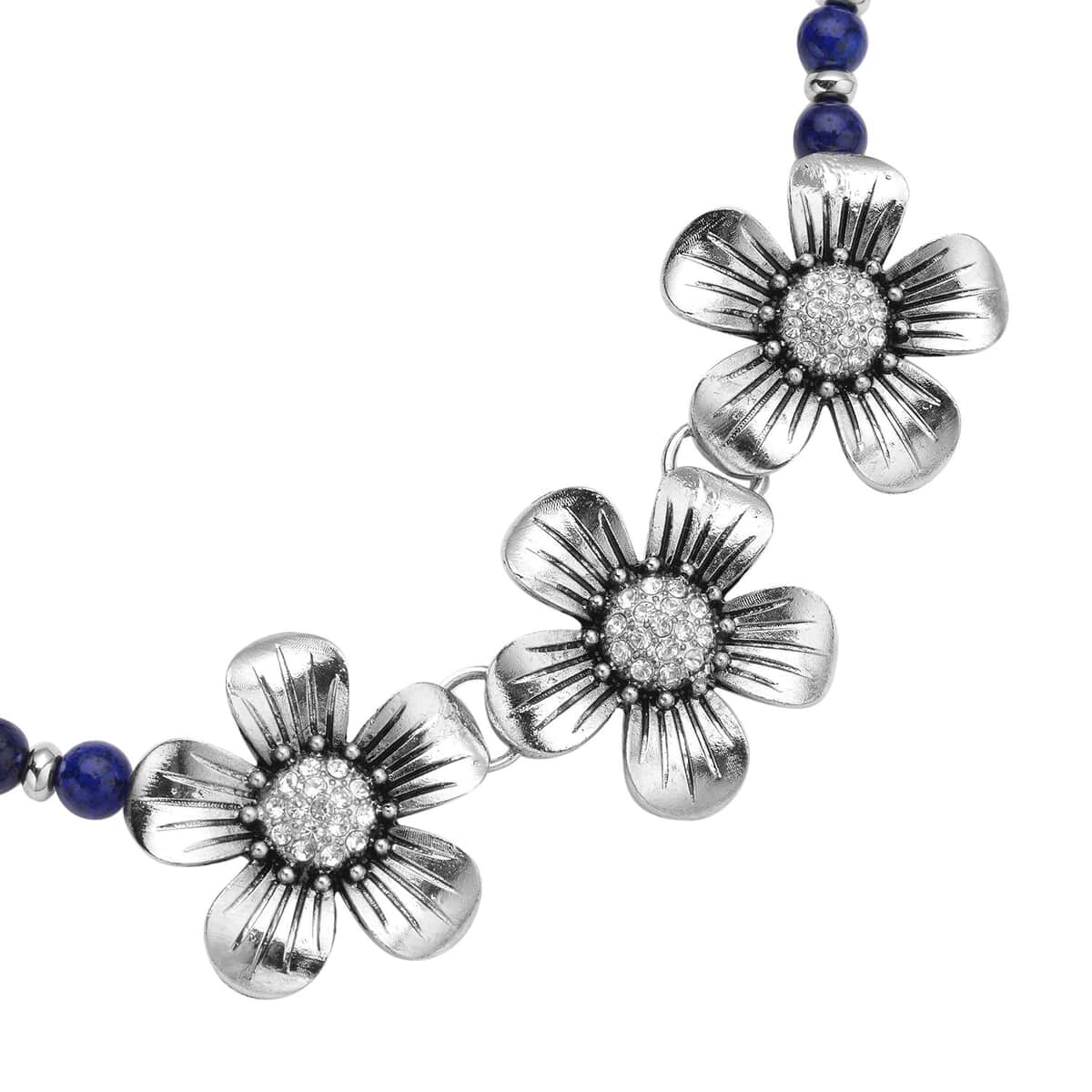 Lapis Lazuli and Austrian Crystal, Resin Floral Necklace 18-20 Inches in Silvertone 57.50 ctw image number 3