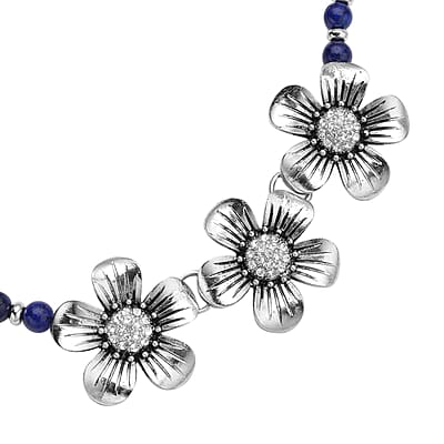 Lapis Lazuli and Austrian Crystal, Resin Floral Necklace 18-20 Inches in Silvertone 57.50 ctw