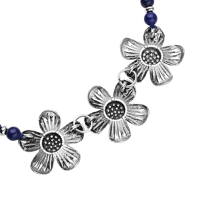 Lapis Lazuli and Austrian Crystal, Resin Floral Necklace 18-20 Inches in Silvertone 57.50 ctw