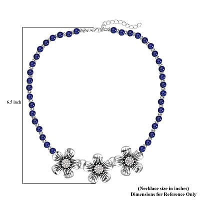 Lapis Lazuli and Austrian Crystal, Resin Floral Necklace 18-20 Inches in Silvertone 57.50 ctw