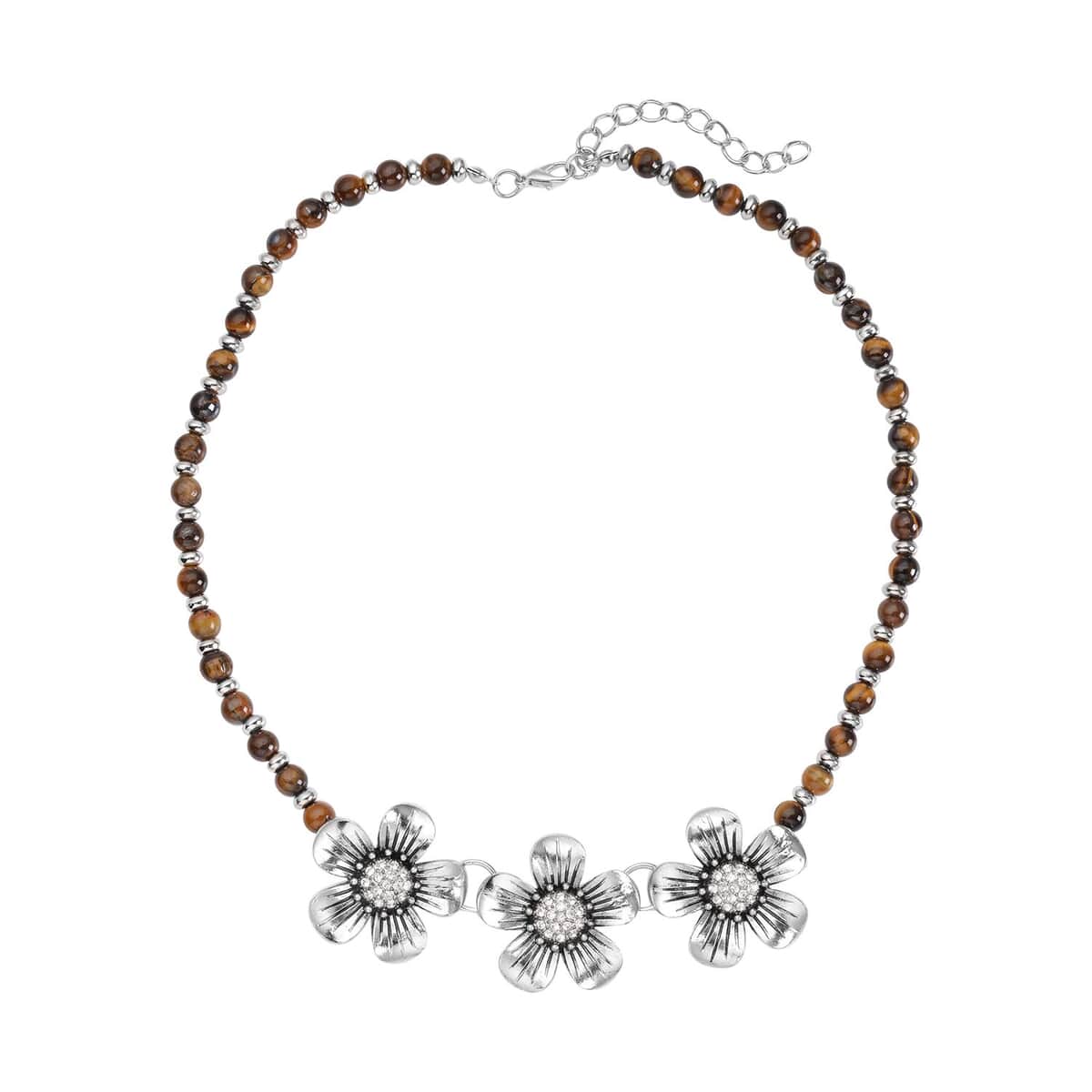 Yellow Tiger's Eye, Austrian Crystal, Resin Floral Necklace 18-20 Inches in Silvertone 57.50 ctw image number 0