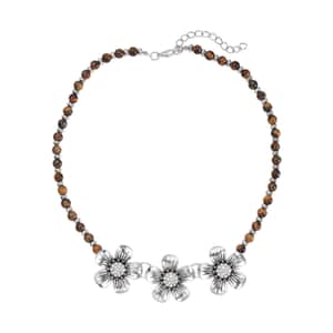 Yellow Tiger's Eye, Austrian Crystal, Resin Floral Necklace 18-20 Inches in Silvertone 57.50 ctw
