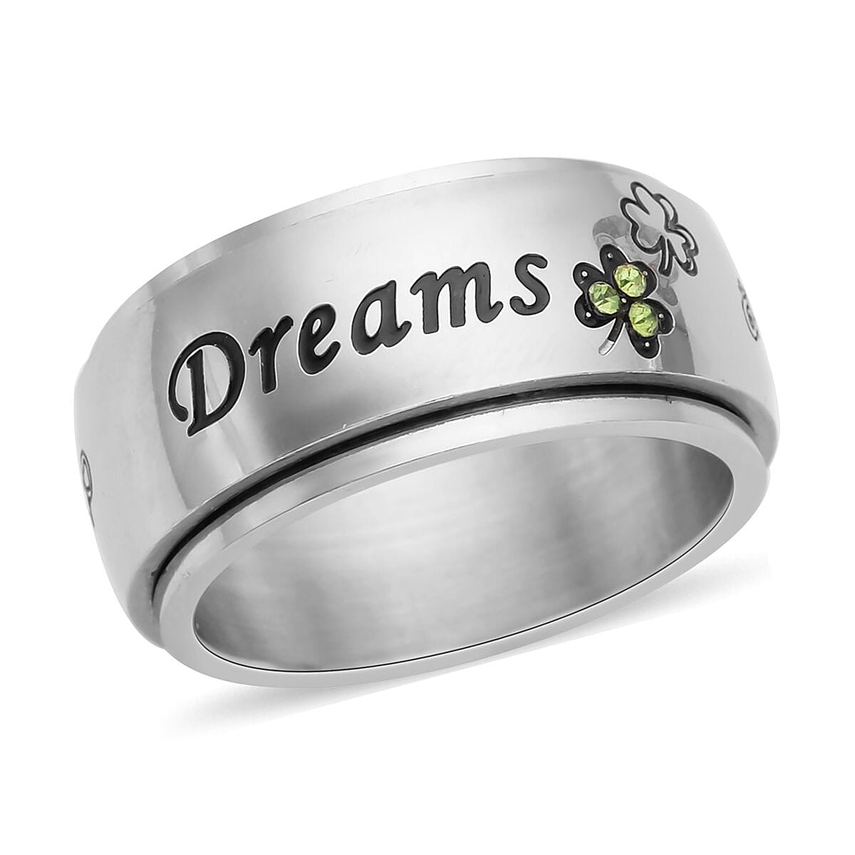 Green Austrian Crystal and Enameled DREAMS Engraved Spinner Ring in Stainless Steel (Size 10.0) image number 0