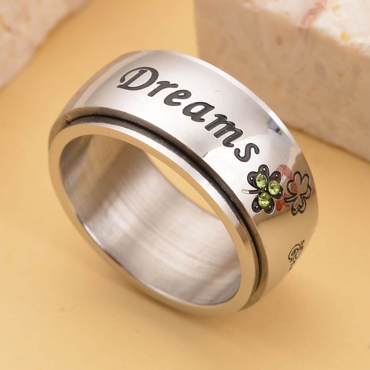 Green Austrian Crystal and Enameled Dreams Engraved Spinner Ring in Stainless Steel (Size 10.0) image number 1