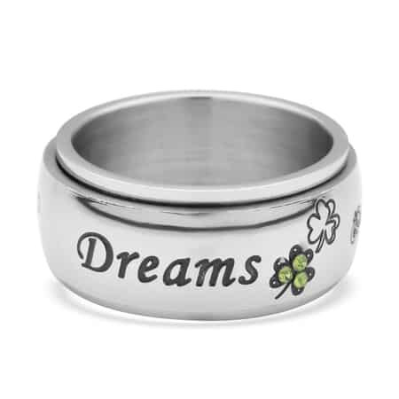 Green Austrian Crystal and Enameled Dreams Engraved Spinner Ring in Stainless Steel (Size 10.0) image number 4