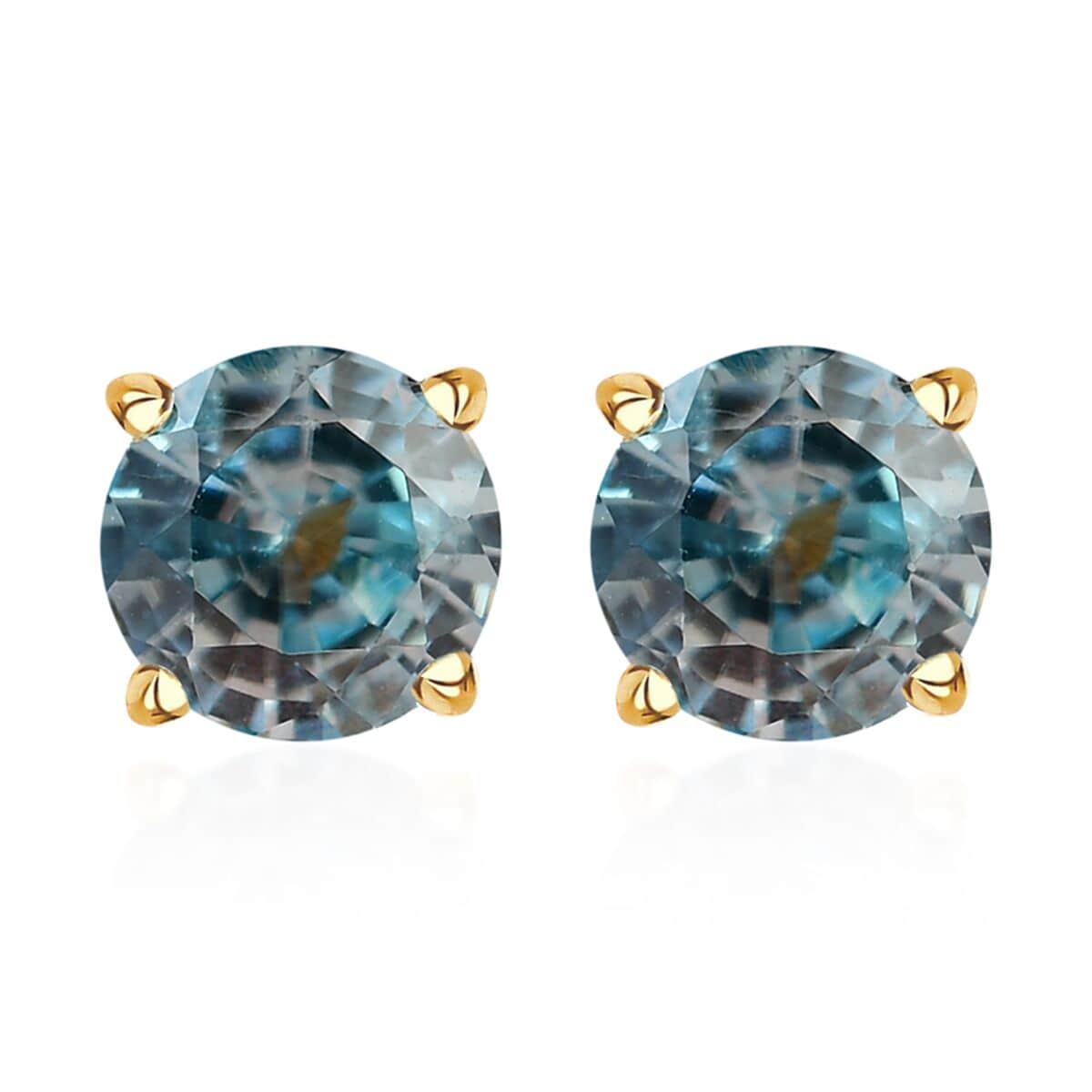 Premium Cambodian Blue Zircon Solitaire Stud Earrings in Vermeil Yellow Gold Over Sterling Silver 2.10 ctw image number 0