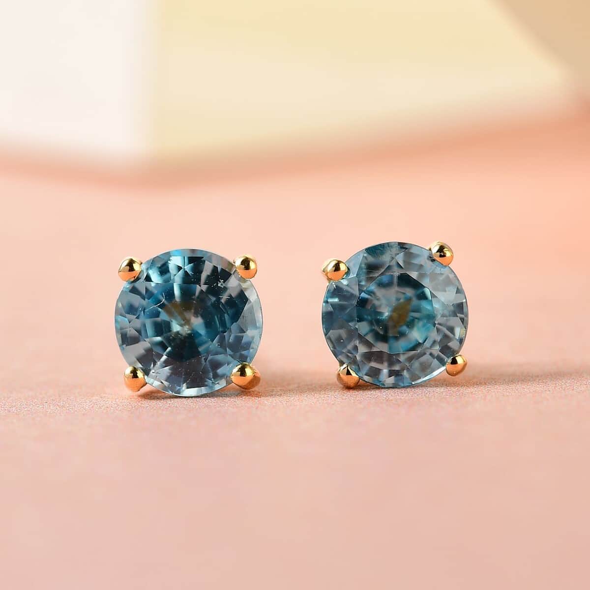 Premium Cambodian Blue Zircon Solitaire Stud Earrings in Vermeil Yellow Gold Over Sterling Silver 2.10 ctw image number 1