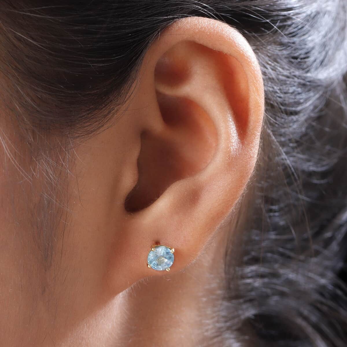 Premium Cambodian Blue Zircon Solitaire Stud Earrings in Vermeil Yellow Gold Over Sterling Silver 2.10 ctw image number 2