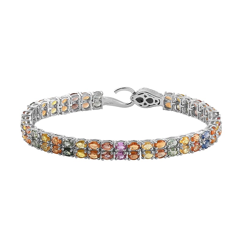 Multi Sapphire and Thai Black Spinel Double-Row Double-Row Tennis Bracelet in Platinum Over Sterling Silver (7.25 In) 16.20 ctw
