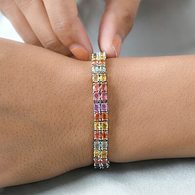 Multi Sapphire and Thai Black Spinel Double-Row Double-Row Tennis Bracelet in Platinum Over Sterling Silver (7.25 In) 16.20 ctw