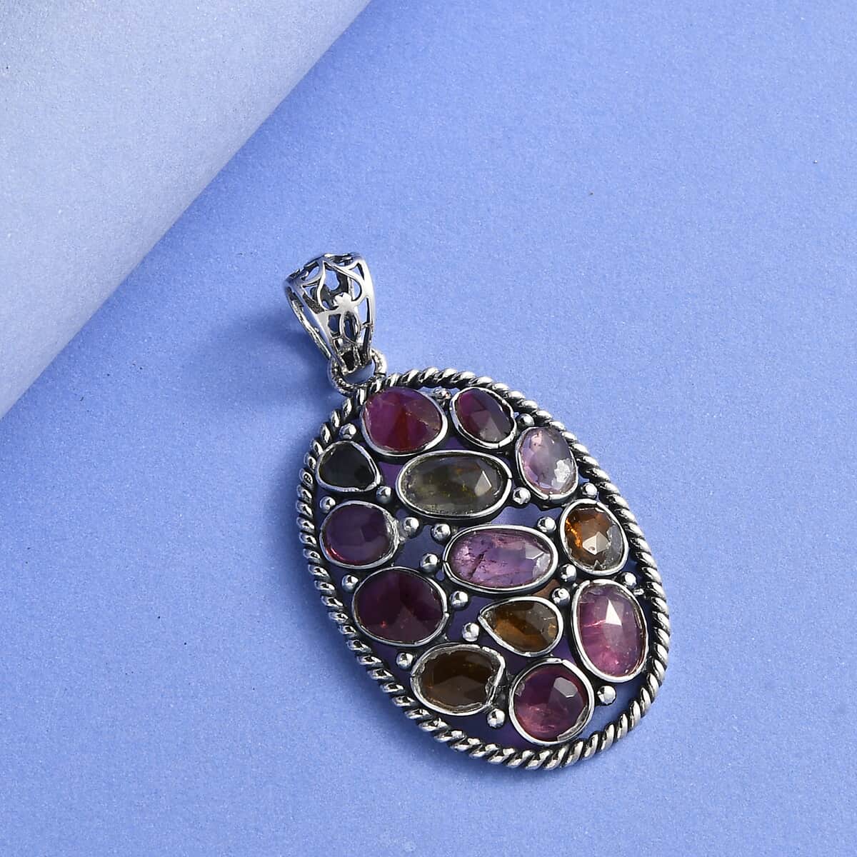 Artisan Crafted Polki Cut Multi-Tourmaline Pendant in Sterling Silver 5.00 ctw image number 1
