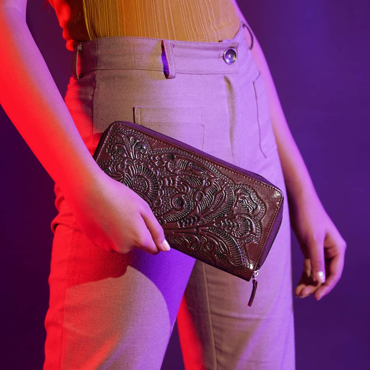 Handcrafted Black Embossed Genuine Leather RFID Protected Women's Zip Around Wallet image number 1