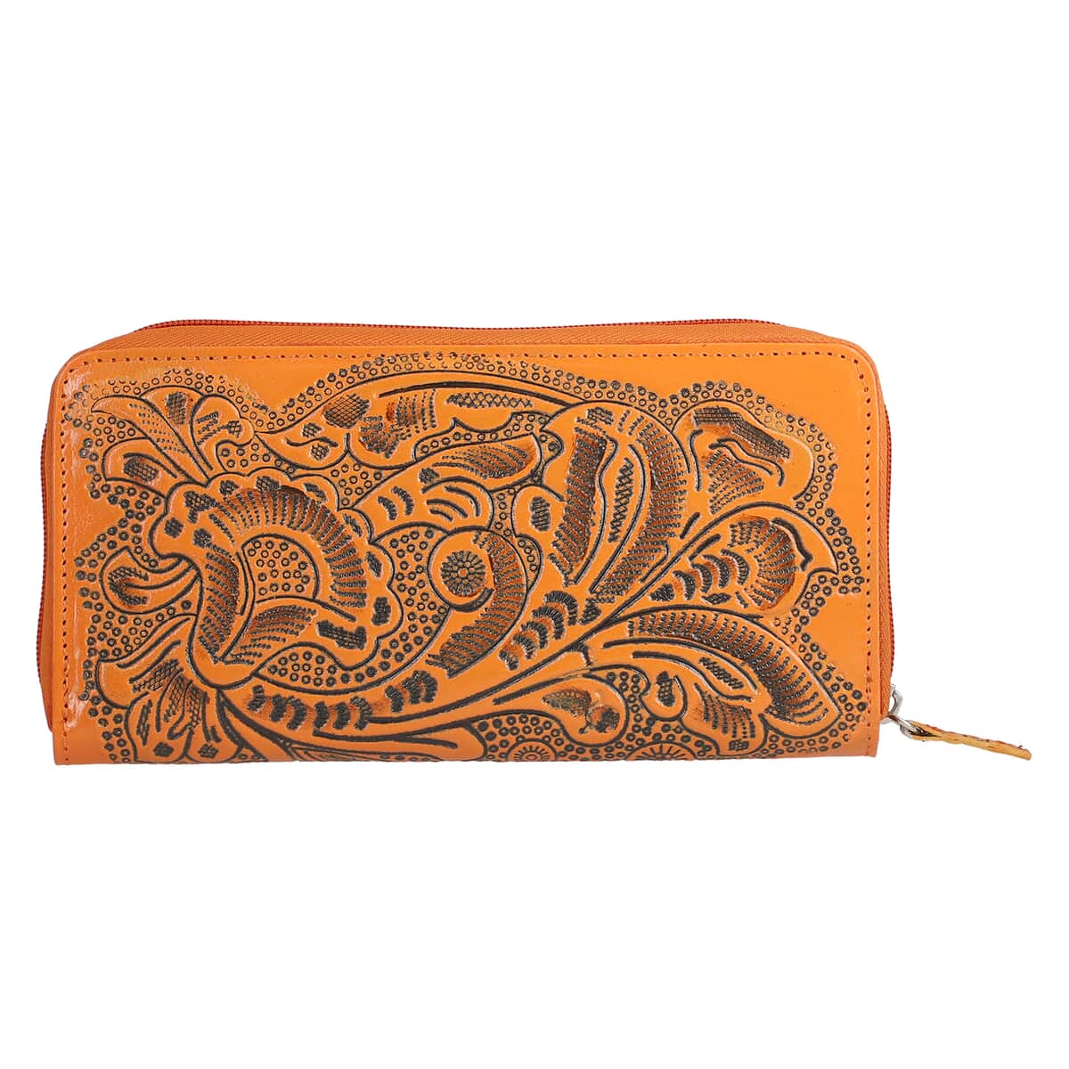 Handcrafted Cognac Embossed Genuine Leather RFID Protected Women's Zip Around Wallet image number 0