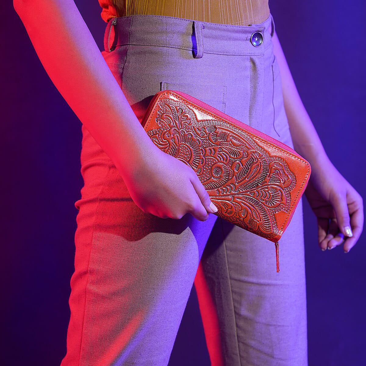 Handcrafted Orange Embossed Genuine Leather RFID Protected Women's Zip Around Wallet image number 1