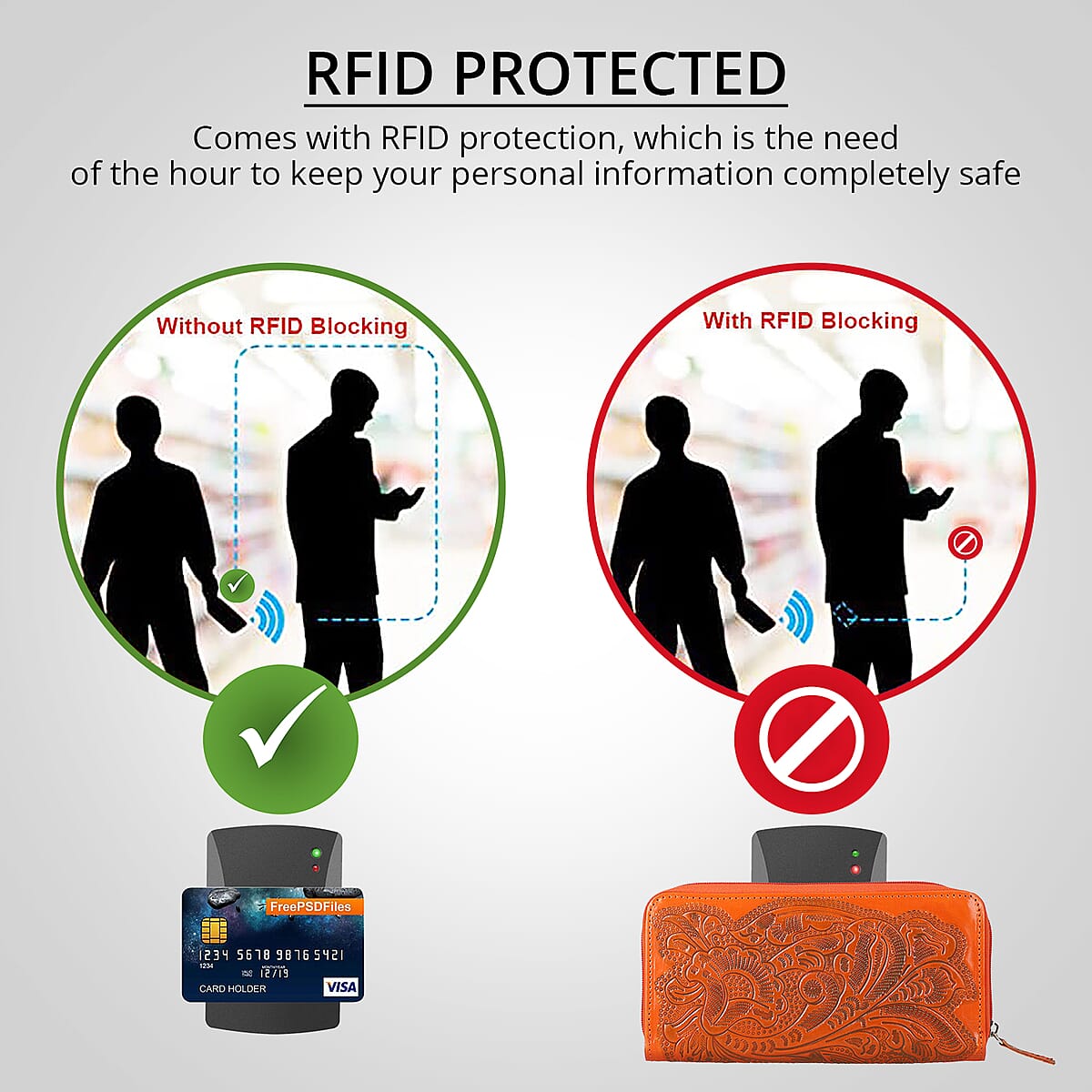 Handcrafted Orange Embossed Genuine Leather RFID Protected Women's Zip Around Wallet image number 2