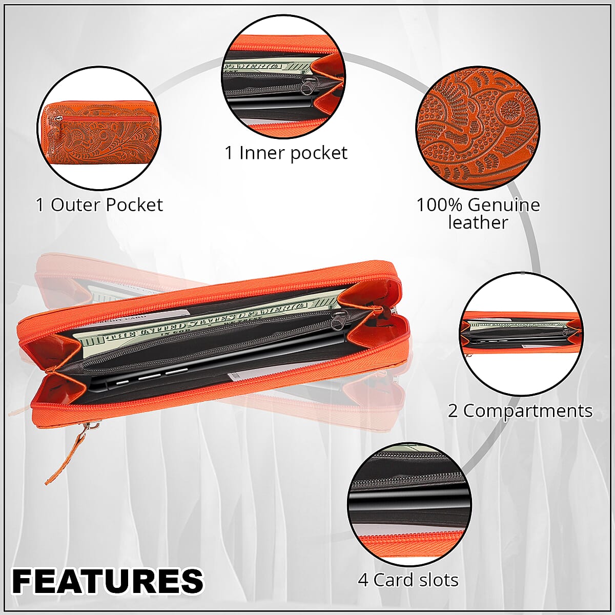 Handcrafted Orange Embossed Genuine Leather RFID Protected Women's Zip Around Wallet image number 3