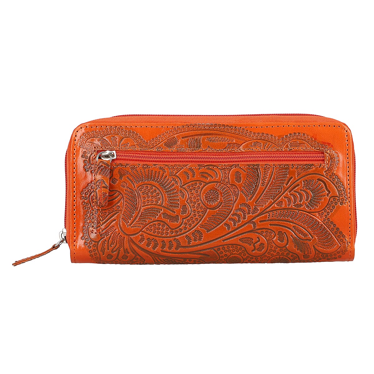 Handcrafted Orange Embossed Genuine Leather RFID Protected Women's Zip Around Wallet image number 4
