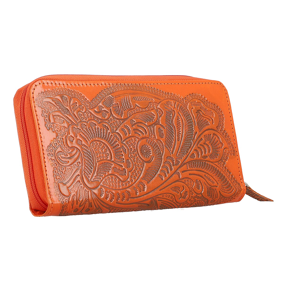 Handcrafted Orange Embossed Genuine Leather RFID Protected Women's Zip Around Wallet image number 5