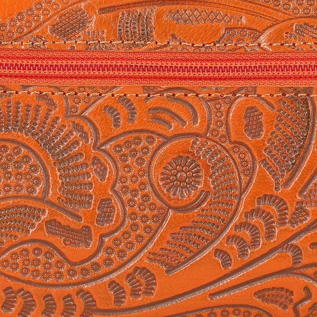 Handcrafted Orange Embossed Genuine Leather RFID Protected Women's Zip Around Wallet image number 6