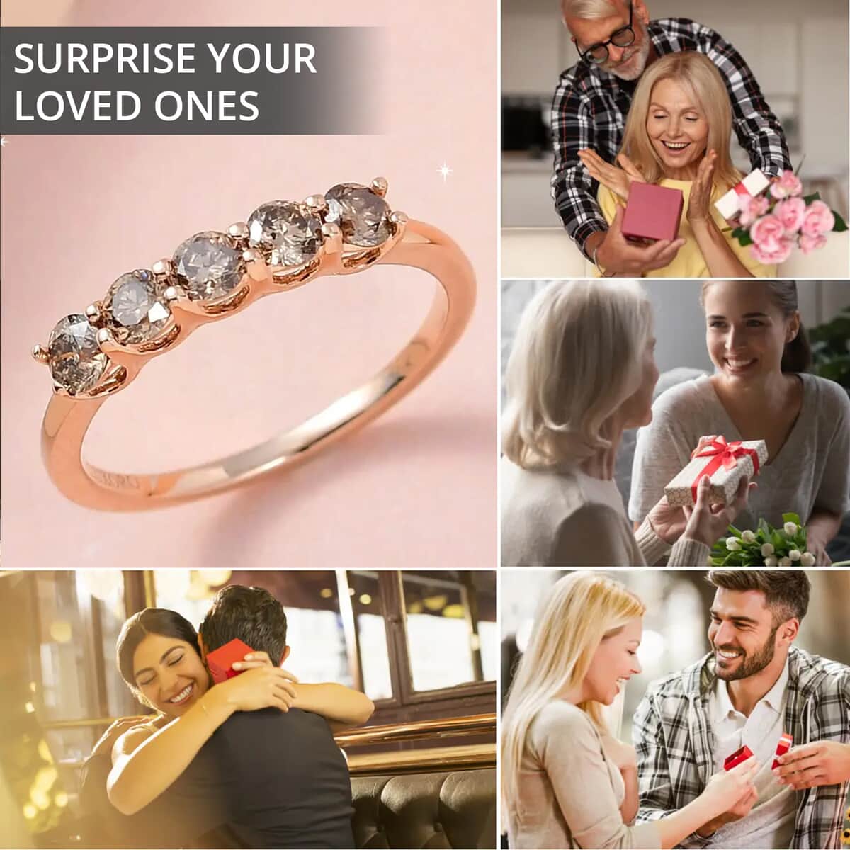 Luxoro 10K Rose Gold Natural Champagne Diamond Five Stone Ring, Wedding Band Ring, Promise Rings For Women 1.00 ctw (Size 5) image number 3